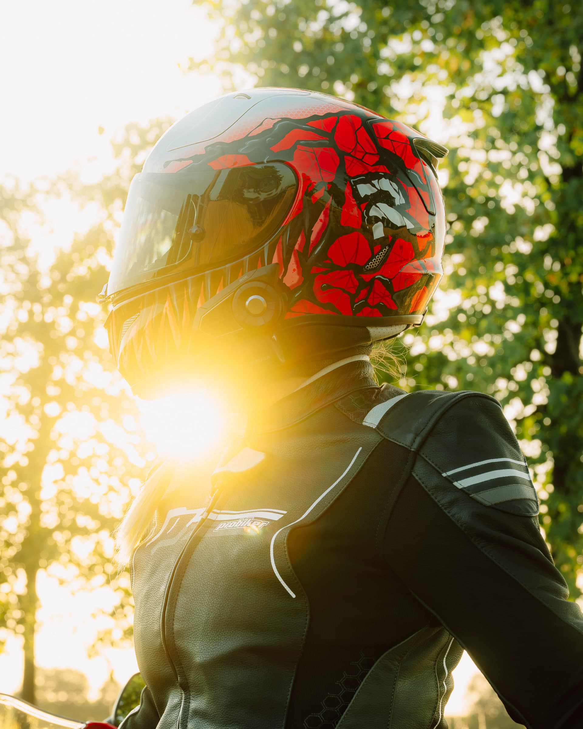 Motorradhelm im Profil im Gegenlicht der tiefstehenden Sonne, Lens Flare zwischen Bäumen